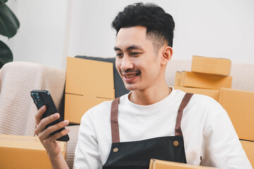 Startup small business owner packing boxes for online customer delivery. Entrepreneur managing e-commerce orders, shipping parcels, and running home-based business operations from home office.