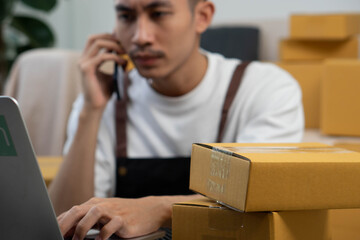 Startup small business owner packing boxes for online customer delivery. Entrepreneur managing e-commerce orders, shipping parcels, and running home-based business operations from home office.