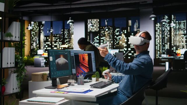 Professional engineer using VR headset and AI tech to create a spaceship for video game, moving assets in 3D program for the spatial environment. Virtual development for the internet. Camera A.