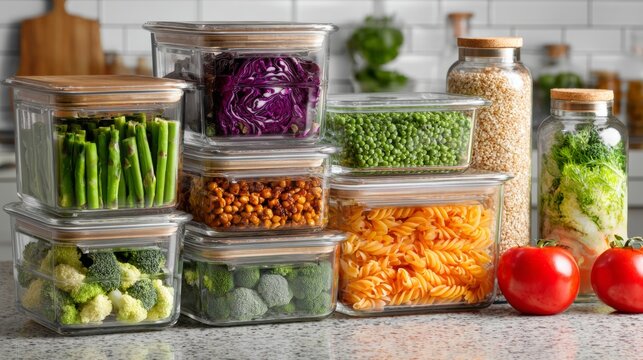 Colorful vegetables and grains stored in glass containers on a kitchen counter create an organized meal prep display