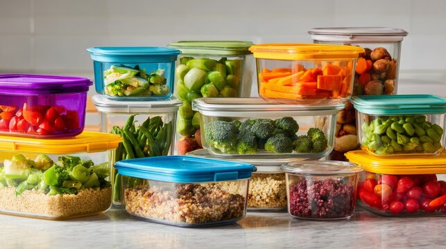 Colorful food storage containers filled with fresh ingredients and prepared meals on a kitchen countertop - Powered by Adobe