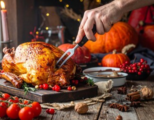 Hand Piercing Golden Roasted Turkey on Rustic Thanksgiving Table