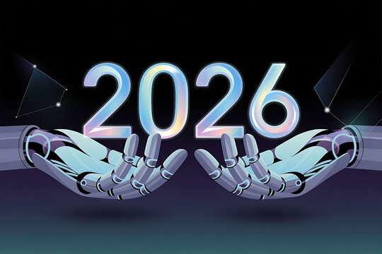 Year 2026 with robotic hand in digital future and technology trends on isolated black background