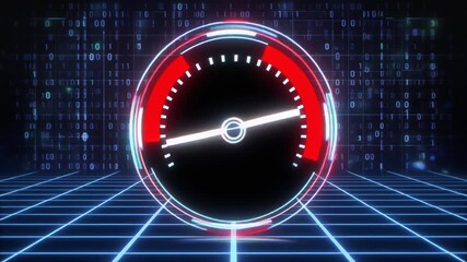 Abstract Digital Speedometer Display Against Binary Code Grid Background - Powered by Adobe