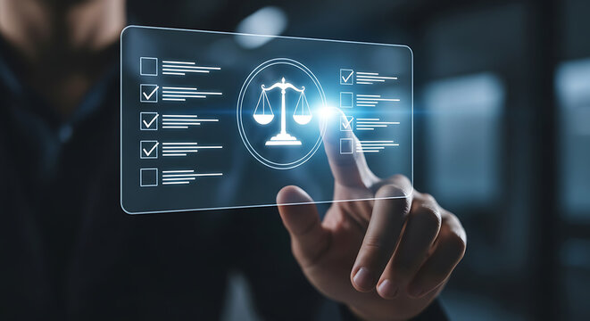 Finger touching a digital interface displaying a balance scale and checklist items, representing law and compliance. - Powered by Adobe