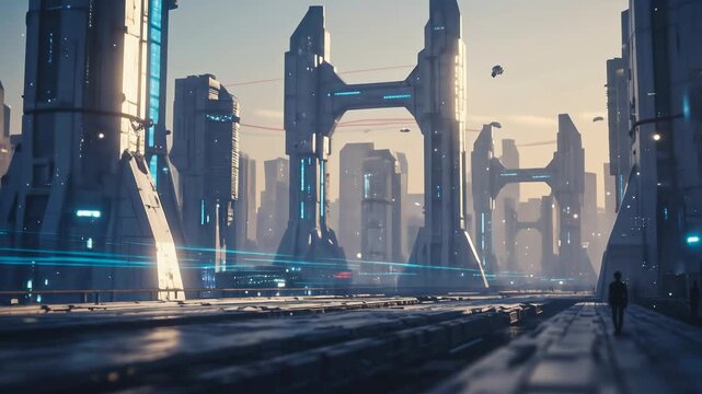 Man walks along a futuristic city street with neon blue lights and flying vehicles, depicting urban life in a sci-fi world footage.