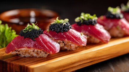 Delicious sushi platter featuring fresh tuna topped with caviar served with soy sauce