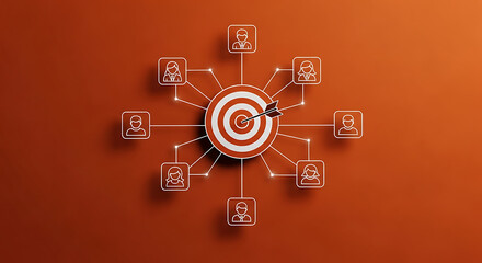 Target with arrow and connected people outlines on an orange background representing team goals and collaboration.