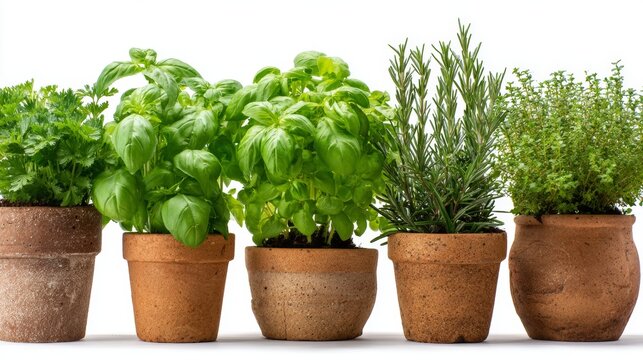 Fresh herbs in terracotta pots displayed on a white background for home gardening enthusiasts