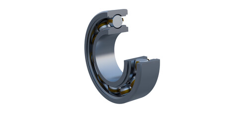 Close up view of a deep groove ball bearing cross-section revealing internal elements namely inner race, outer race, cage and ball elements.