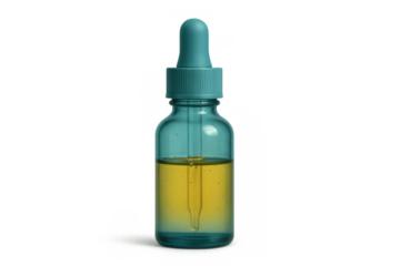 Glass dropper bottle with natural yellow oil inside, transparent teal container for skin care serum, cosmetic product