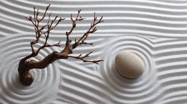 Contemplation in a sand garden featuring a branch and a stone with rippled patterns