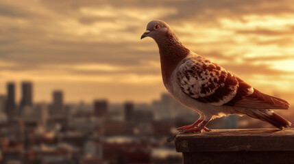 Pigeon standing on rooftop at urban sunset