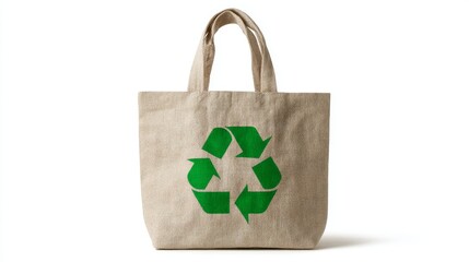 Reusable jute bag featuring green recycling symbol ideal for eco-friendly shopping and everyday use