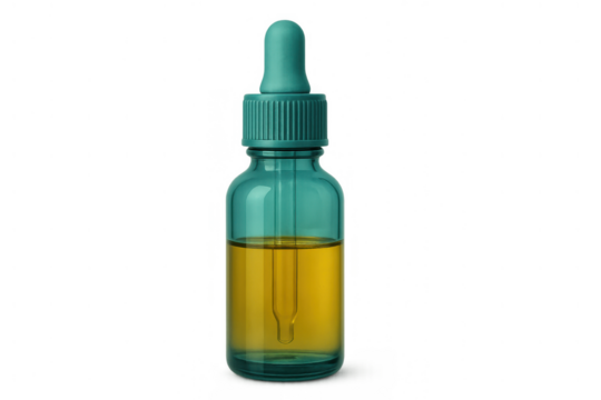 Dropper bottle holding yellow oil or serum, representing natural beauty, cosmetic, healthcare, and aromatherapy products