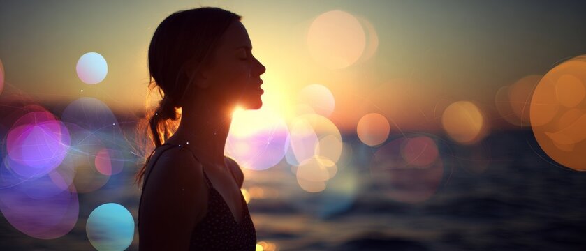 Moment of tranquility: embracing nature's last light. Digital interaction icon. A woman's bliss by the sea at sunset. Global online community. Digital networking avatars.