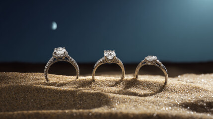 Diamond engagement rings sparkling on sand under moon