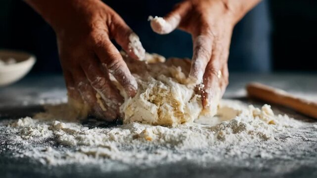 Midshot of a person kneading a mix of durum flour and water on a floured surface capturing the tactile process and consistency needed for quality fresh pasta dough.