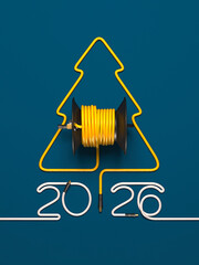 A symbolic Christmas tree laid out of a cable and a coil. Creative 2026 New year template on a power engineering theme.