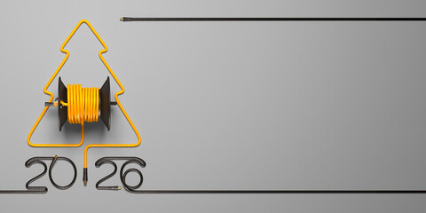 A symbolic Christmas tree laid out of a cable and a coil. Creative 2026 New year template on a power engineering theme.