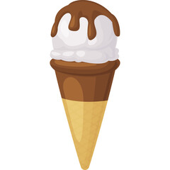 Creamy vanilla ice cream scoop with rich chocolate sauce drizzled on top served in a crisp golden waffle cone isolated on a transparent background