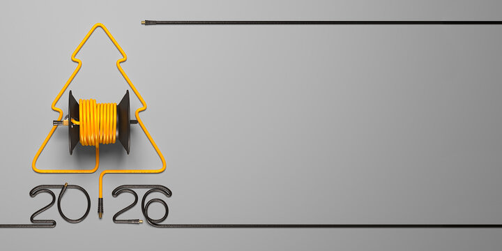 A symbolic Christmas tree laid out of a cable and a coil. Creative 2026 New year template on a power engineering theme.