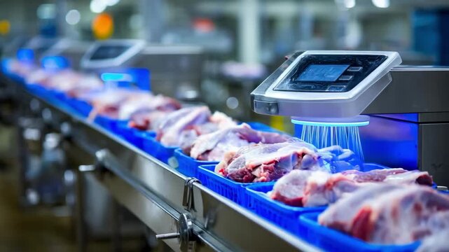 Medium shot showcasing weightbased automation technology efficiently sorting carcasses by precise weight measurements in a modern facility.