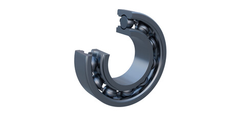Close up view of a deep groove ball bearing cross-section revealing internal elements namely inner race, outer race, cage and ball elements.