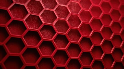 Macro abstract view of a red honeycomb structure with textural depth and angled light