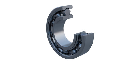 Close up view of a deep groove ball bearing cross-section revealing internal elements namely inner race, outer race, cage and ball elements.