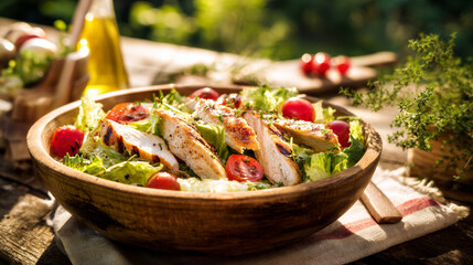 Grilled chicken salad served in wooden bowl outdoors