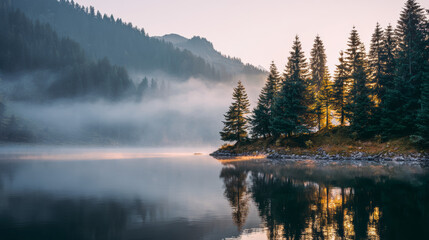 Tranquil lake reflecting misty forest at sunrise