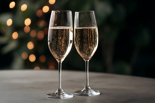 celebration toast, champagne glasses clink in close-up, with sparkling bokeh lights and festive golden tones adding a cinematic touch