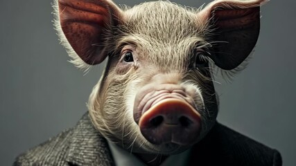 Pig in a Suit: A pig wearing a stylish suit appears with a focused and intelligent gaze, blending the animal and human realms with a touch of wit and surprise.