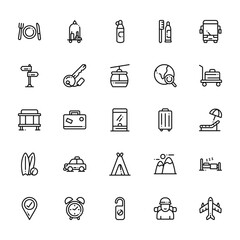 25 set of outline web travel icons such as luggage,  , bus stop, surf, location vector thin icons for report, presentation, diagram, web design, mobile app