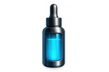 Dropper bottle with glowing blue liquid, representing science, innovation, and advanced cosmetic serum on transparent background