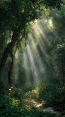 Obraz premium Sunlight filters through trees in a lush forest creating a serene atmosphere during early morning hours