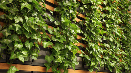 Green ivy leaves climbing a wooden slatted wall