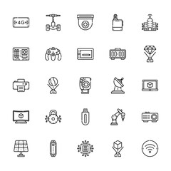 25 set of outline web technology icons such as  , motherboard, printer, tv, solar panel vector thin icons for report, presentation, diagram, web design, mobile app