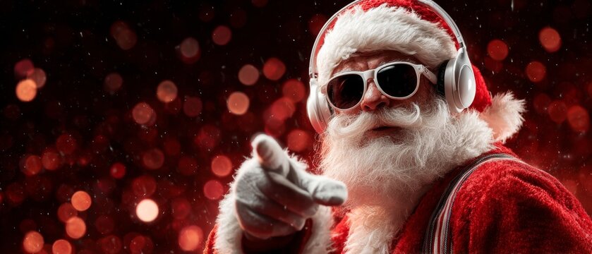 Groovinâ€™ with santa: a night of dance and christmas cheer. Creative poster. Holiday dj santa: a night of music and dance at the christmas extravaganza. Strong contrast. Blank background.