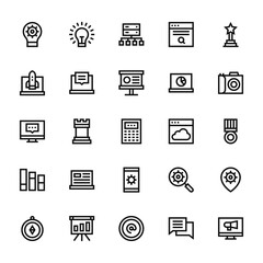 25 set of outline web digital marketing icons such as idea, startup, chat, bar chart, compass vector thin icons for report, presentation, diagram, web design, mobile app