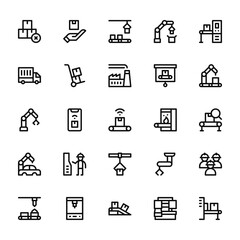 25 set of outline web mass producction icons such as package, delivery truck, mechanical arm, car, conveyor vector thin icons for report, presentation, diagram, web design, mobile app