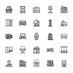25 set of outline web home decoration icons such as hourglass, wardrobe, frames, wallpaper, calendar vector thin icons for report, presentation, diagram, web design, mobile app
