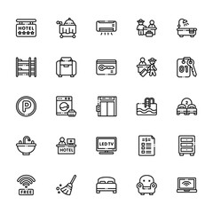 25 set of outline web hotel icons such as room service, bunk bed, parking, sink, wifi vector thin icons for report, presentation, diagram, web design, mobile app