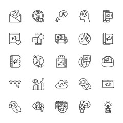 25 set of outline web advertisement icons such as dollar, comment, contact book, rating, cost vector thin icons for report, presentation, diagram, web design, mobile app