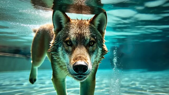 Underwater Wolf Portrait: A solitary wolf, poised and alert, navigates the depths of a tranquil aquatic world, exhibiting both a wild beauty and a curious gaze.