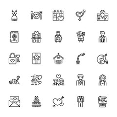 25 set of outline web wedding icons such as wedding dinner, bible, lock, car, wedding card vector thin icons for report, presentation, diagram, web design, mobile app