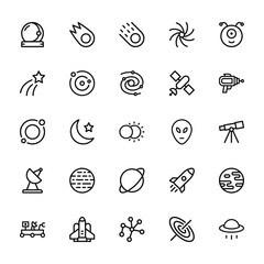25 set of outline web space icons such as meteor, shooting star, orbit, radar, rover vector thin icons for report, presentation, diagram, web design, mobile app