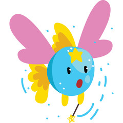 Cute Blue Round Cartoon Creature with Yellow Fins and Pink Wings Holding a Magic Wand with Stars and Sparkles in a Whimsical and Playful Style on a Transparent Background