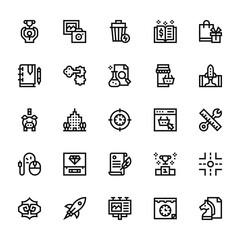 25 set of outline web startup icons such as photography, notebook, piggy bank, pay per click, fight vector thin icons for report, presentation, diagram, web design, mobile app
